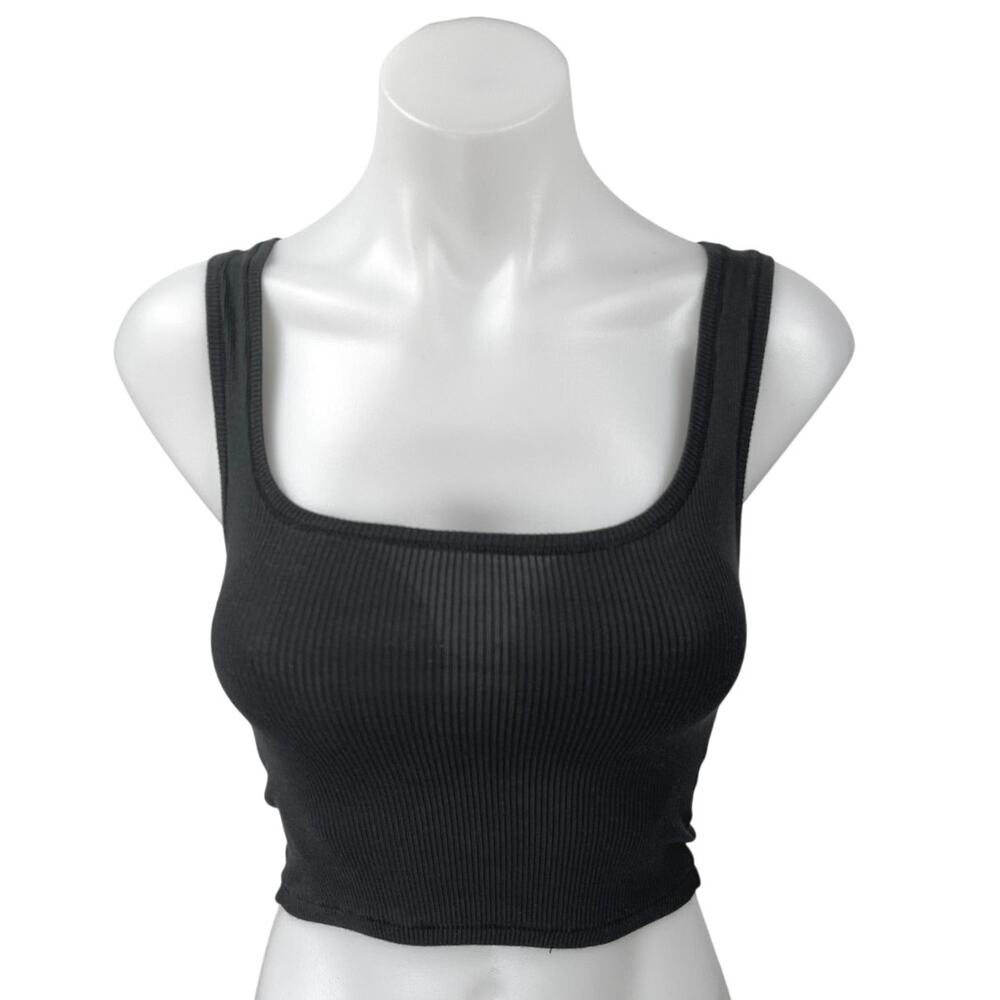 Skims Black Sleeveless Rib Knit Racerback Square Neck Pullover Crop Tank Top XS